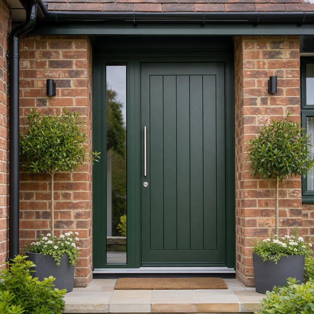 Stylish composite front door on a brick home